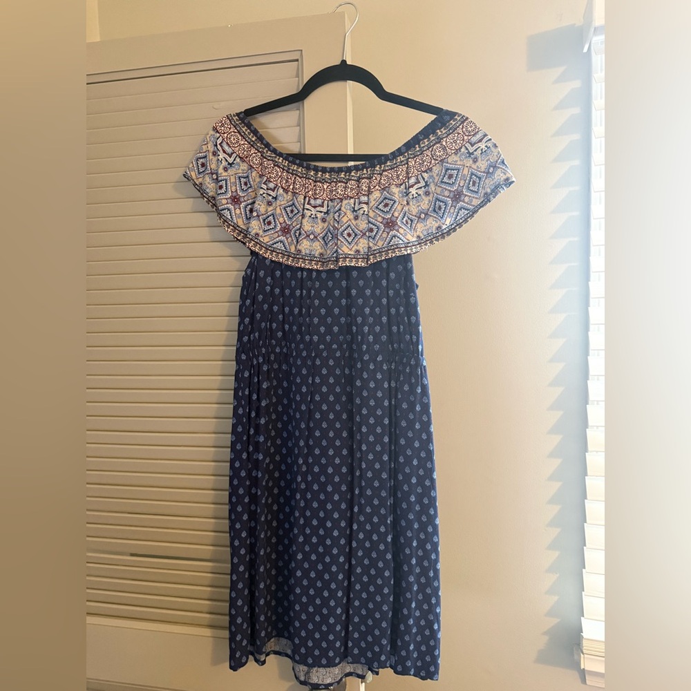 Almost Famous Navy and White Off-Shoulder Midi Dress
